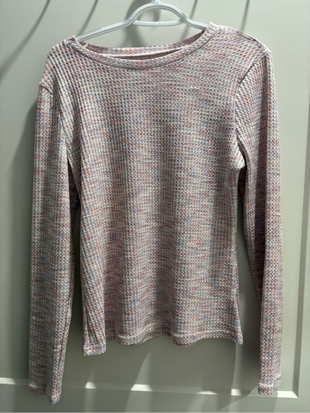 Waffle-Knit Long Sleeve Crewneck Top - Pink Multi